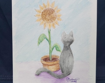 Whimsical Cat and Sunflower Watercolor Painting - Original 6x8" Art, Nature Lover Gift, Feline Decor