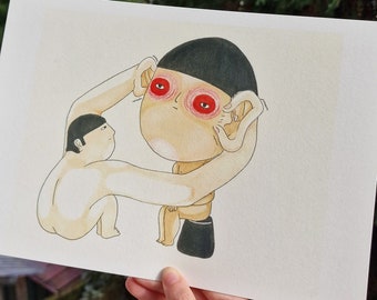 May include: A watercolor illustration of two people. The person in the foreground is holding their ears and has large red eyes. The person in the background is holding the person in the foreground's arms.