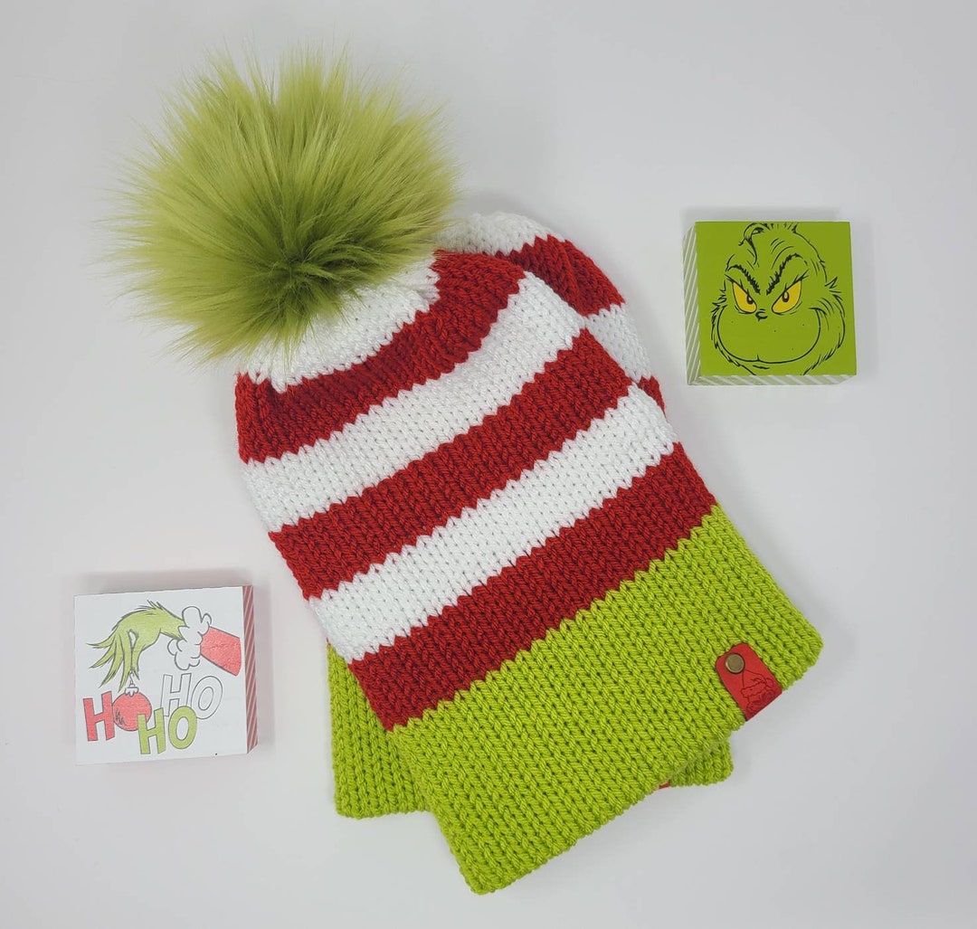 Knit Beanie, Grinch Tag Beanie, Grinch Knit Beanie, Christmas Beanie