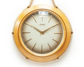 1950s MAUTHE Wall Clock Modernism Mid Century Art Deco Rope mcm Germany Mechanical Movement Beech Wood Brass