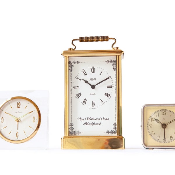 3x German Alarm Clocks 1930s - 1970s Defect Schatz Pfeilkreuz Mechanical Mid Century Modern Table Shelf Mantel mcm