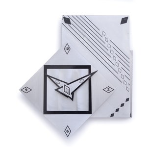 May include: A white and black geometric wall clock with a square face and diamond-shaped hour markers. The clock hands are black and angular. The design includes diagonal lines and diamond patterns. The clock is a modern, minimalist design.