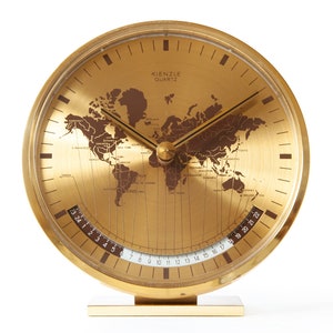 KIENZLE WORLD Time Clock Germany Bauhaus Desk Table Mid Century Art Deco Brass Modernism Mantel Office mcm Heinrich Moller Small 1970s 1980s