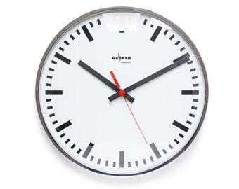 XL 12" PEWETA Chrome Office Wall Clock Germany Industrial 80s Atomic Modern Station School Bauhaus quartz mcm Kienzle
