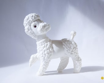 Germania dell'Est DDR Barboncino nano Bianco Space Age Panton Pop Modernismo Plastica Atomico Anni '70 Figura Bambola Occhi traballanti Cane