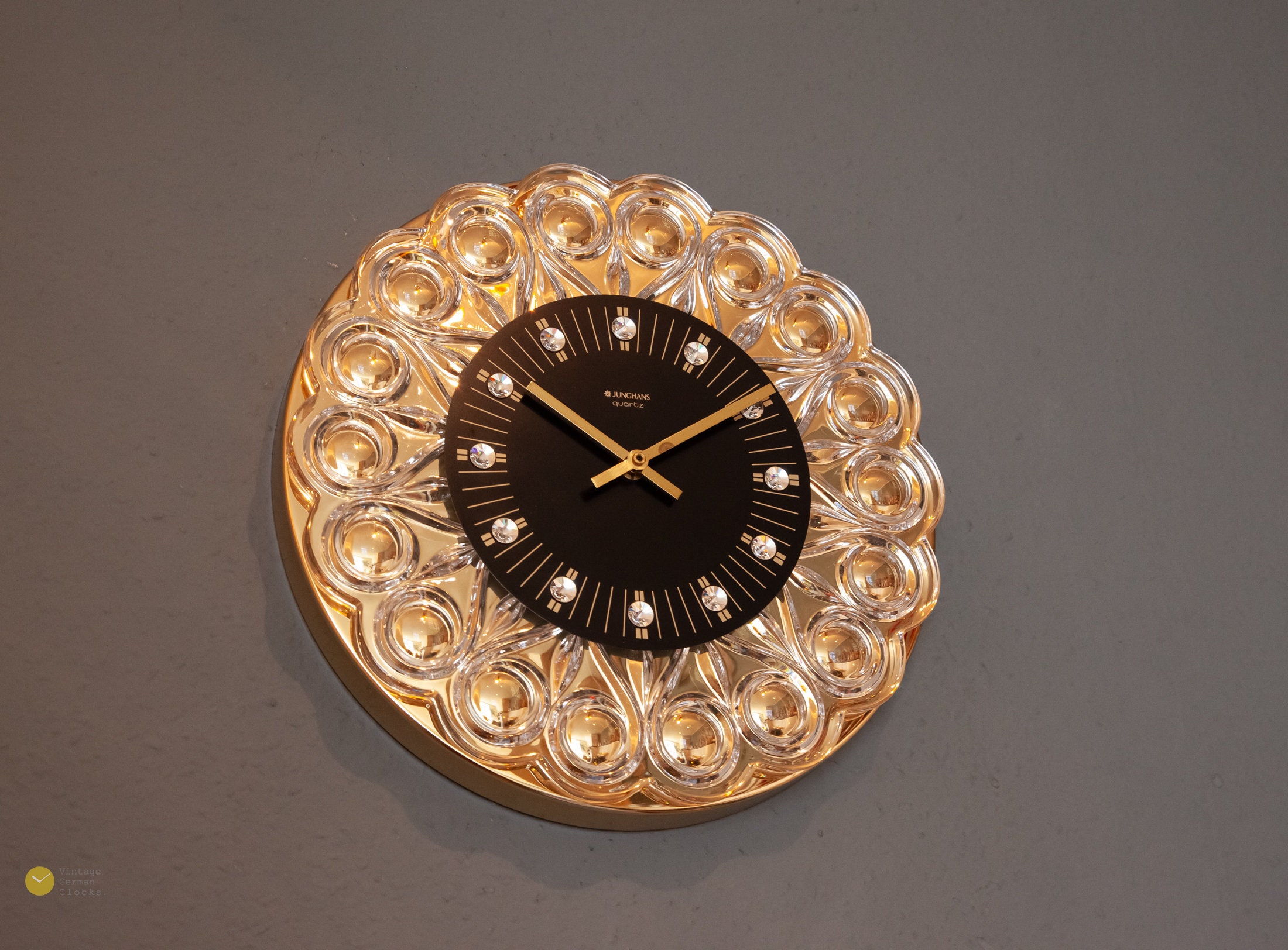 Stunning 24K Gold JUNGHANS Crystal Wall CLOCK Starburst Modern Mid