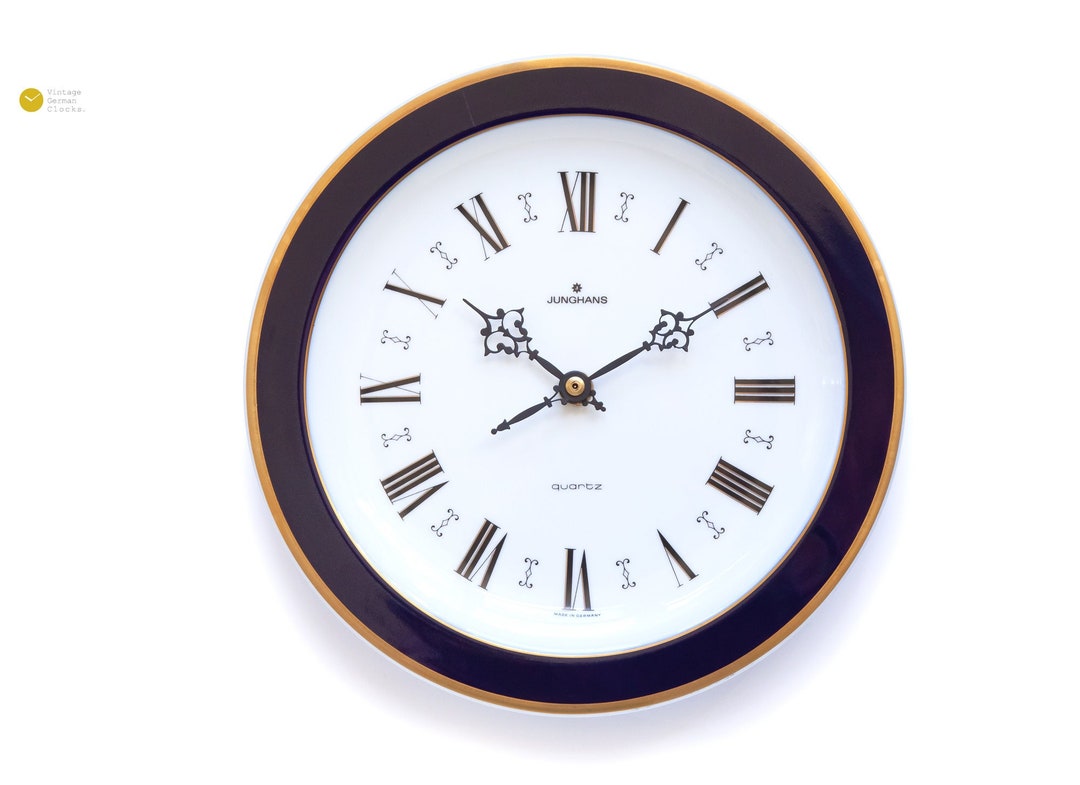 80s JUNGHANS Porcelain Wall Clock Hutschenreuther Cobalt Blue Gold