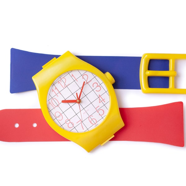 XL 52" Postmodern Wall Clock Memphis Style Watch Large Plastic Vaporwave Swatch Era Yellow Red Blue Grid 80s