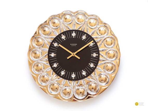 Stunning 24K Gold JUNGHANS Crystal Wall CLOCK Starburst