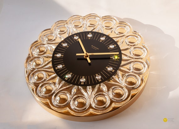 Stunning 24K Gold JUNGHANS Crystal Wall CLOCK Starburst Modern Mid