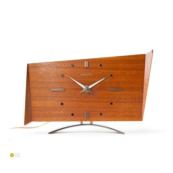 1950s Junghans Teak Desk Clock Mid Century Modern Germany mcm Atomic Space Age Brass Danish Asymmetrical Synchron