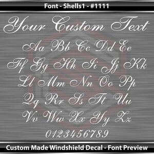以下が含まれることがあります： アルファベットと数字を筆記体で表示したフォントプレビュー画像です。フォント名は「Shells1」、フォント番号は#1111です。画像の上部に「Your Custom Text」というテキストが表示されています。
