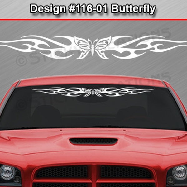 Design #116-01 Butterfly Tribal Flame Windshield Decal Sticker Vinyl Graphic Rear Back Window Banner Tailgate Car Truck SUV Van Cart Wall