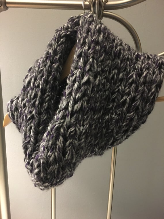 Chunky knit cowl, womens knit scarf, chunky scarf, knit fashion, grey and purple scarf, cozy scarf, winter accessories