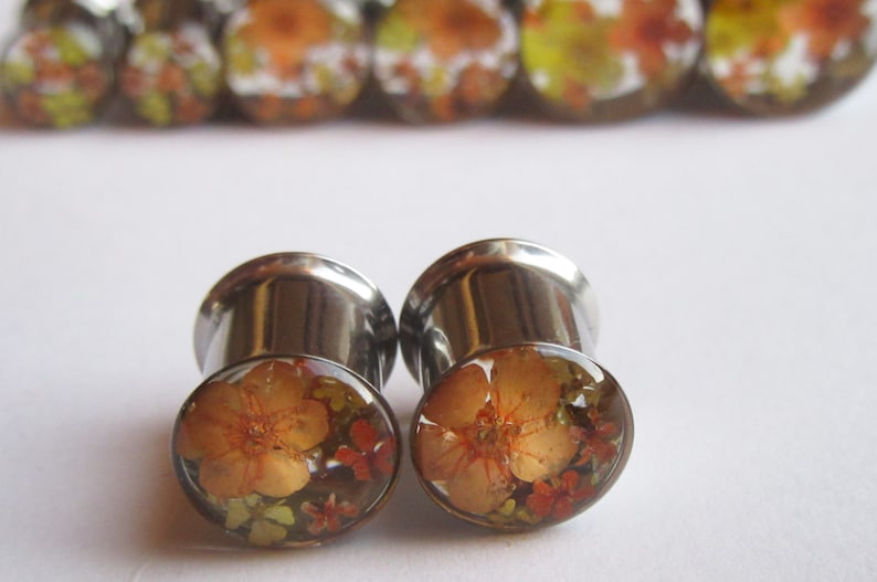 Ear Plugs Real Flower Orange Yellow Floral READY TO SHIP Handmade Unique Custom Floral Gauges Unusual Ear Tunnels