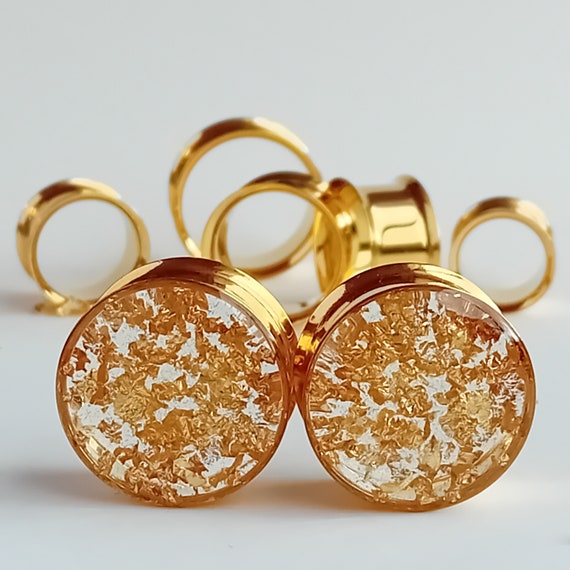Gold Gauges, Plugs with Metallic Flakes, Golden Reflective Ear Tunnels  8mm 10mm 12mm 14mm 16mm 19mm 22mm 25mm (0g gauge - 1") READY MADE