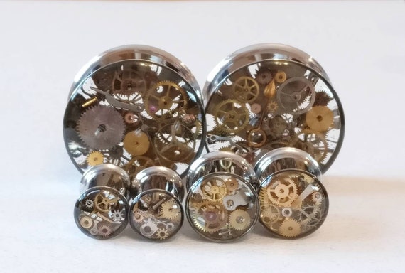 Black Steampunk Vintage Watch Parts Ear Plug / Tunnel - Gears In Your - Foto 8