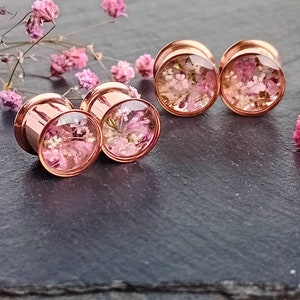 Bouchons d'oreilles en or rose, vraies fleurs pastel, fleurs sauvages, 8 mm, 10 mm, 12 mm, 14 mm, 16 mm, 19 mm, 22 mm, 25 mm (calibre 0 à 1 po.) SUR COMMANDE