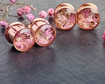 Rose Gold Plugs, Real Flower Pink Ear Tunnels ~ Sizes 8mm 0g + (Ready Made)