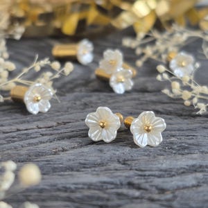 May include: A collection of small stud earrings shaped like five-petaled flowers. Each earring features a white, pearlescent, shell-like material with a central gold-toned metal bead. The studs have gold-toned metal posts extending from the back.