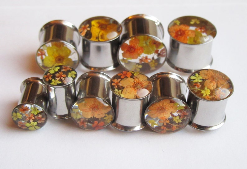 Ear Plugs Real Flower Orange Yellow Floral READY TO SHIP Handmade Unique Custom Floral Gauges Unusual Ear Tunnels