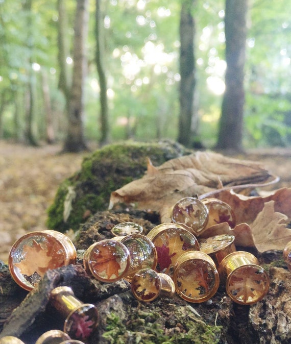 Real Leaf Ear Plugs, Rose Gold Ear Stretchers, Handmade Gauges with Real Autumn / Fall Leaves. READY TO SHIP