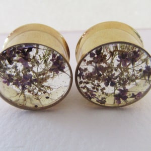 Plugs, Gold Tunnels, Real Purple Flower & Sea Moss, Natural Handmade Unique Floral Plug Gauge Unusual Ear Tunnels image 2