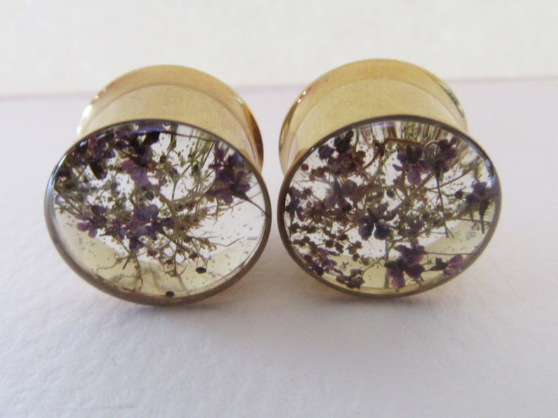 Plugs, Gold Tunnels, Real Purple Flower & Sea Moss, Natural Handmade Unique Floral Plug Gauge Unusual Ear Tunnels image 2