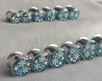 Snowflake Plugs, Christmas Ear Plugs / Blue Winter Gauges Stretchers 0g, 00 gauge 8mm 10mm 12mm 14mm 16mm. Handcrafted & READY TO SHIP