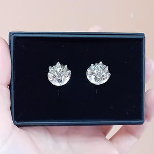 Könnte beinhalten: Ein Paar klare, kristallartige Ohrstecker in einer schwarzen Schachtel. Die Ohrringe haben ein blattartiges Design mit mehreren Facetten, die das Licht reflektieren. Die Schachtel wird in einer Hand gehalten, vor einem neutralen Hintergrund.