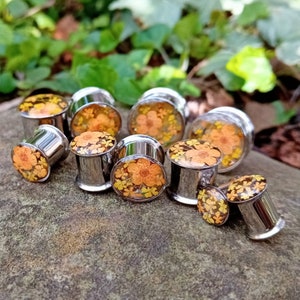 Plugs Real Flower Natural Cute Pretty Orange Yellow Flowers Handmade Unique Custom  Floral Gauge Unusual Ear Tunnels