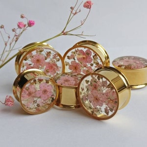 Puede incluir: Un conjunto de expansores de oreja dorados con tapas de resina transparente, cada uno con delicadas flores rosas incrustadas. Los expansores, de varios tama&ntilde;os, est&aacute;n dispuestos sobre una superficie blanca, con una ramita de flores rosas en el fondo.