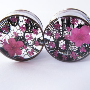 Floral Ear Plugs, Pink Flower Gauges, Floral Plugs, Black Lace Ear Tunnels