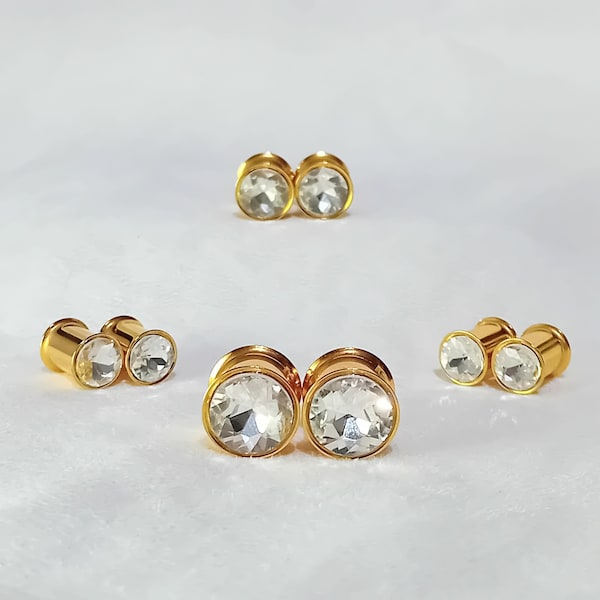 Gold Crystal Ear Gauges, Clear Glass Rhinestone Gem Stretchers, 8mm 0g +. Handcrafted & READY to SHIP