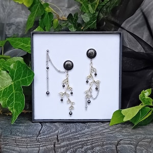 Dangle Gauges Asymmetrical Joining Piercing Witchy Ear Plugs Linked Chain 0g + Gauged Earrings, Irregular Black Pagan Stretchers READY MADE