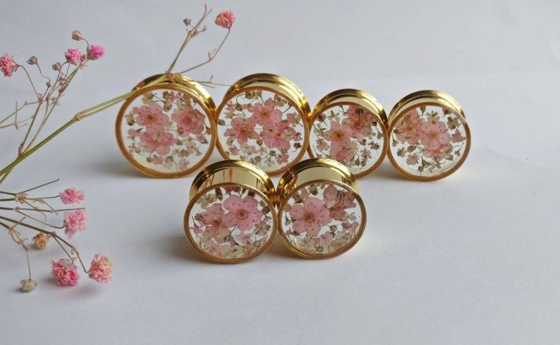Puede incluir: Tapones para los o&iacute;dos dorados con caras de resina transparente, cada uno incrustado con delicadas flores rosas. Los tapones est&aacute;n dispuestos en grupo, mostrando su dise&ntilde;o floral. Una ramita de flores rosas est&aacute; en el fondo.