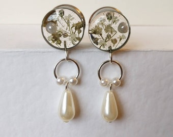 Dangle Plugs Wedding Faux Pearl Natural Real Flower Bridal Gauges 0g 8mm +