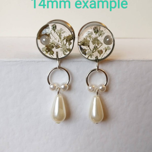 Dangle Plugs Wedding Faux Pearl Natural Real Flower Bridal Gauges 0g 8mm +