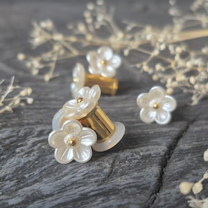 May include: A pair of ear plugs featuring a gold-toned cylindrical center and a white, five-petaled flower design on the front. Each flower has a small gold-toned bead at its center. The plugs are constructed with a translucent white backing.