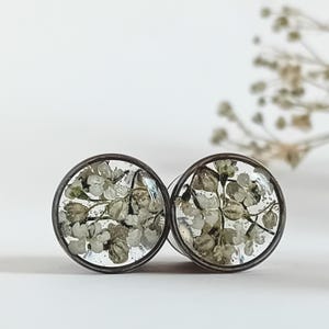 Puede incluir: Dos tapones redondos y transparentes con un borde plateado. Cada tapón contiene pequeñas flores blancas secas. Los tapones están sobre un fondo blanco, con unas ramitas de las mismas flores en el fondo.