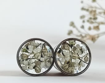 Floral Ear Plugs - Gypsophila Buds & Cream Flowers in Silver Surgical Steel Gauges - Sizes from 6mm 2g +
