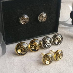 Steampunk Earrings, Gold Cog Ear Studs, Silver Watch Part Steel Gear Resin Steam Punk Jewellery Gift | Handcrafted & READY to SHIP