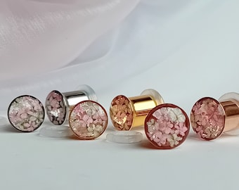 8mm floral ear plugs, 0g earrings, real flower gauges, 0 gauges ear stretchers handmade with real pink and cream flowers. READY TO SHIP