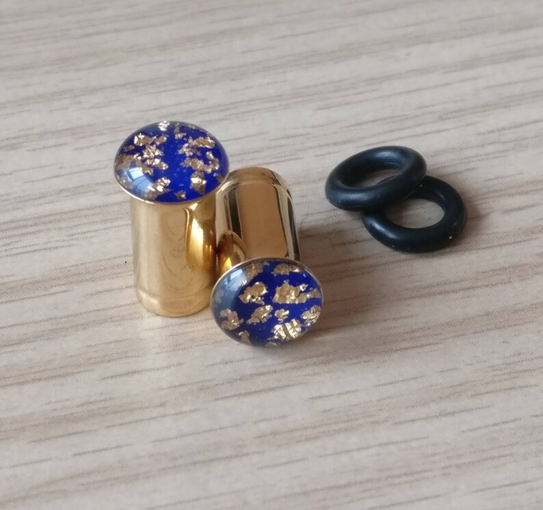 2 gauge earrings 6mm or 0 gauges 8mm Ear Plugs Gold Blue Lapis Etsy