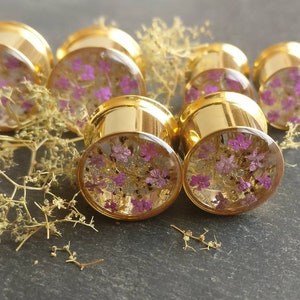 Gold Floral Plugs, Real Purple Flower & Sea Moss Ear Tunnels - 8mm 0g, 10mm 00 Gauge, 12mm  1/2"+ Handcrafted Resin Jewellery -READY TO SHIP