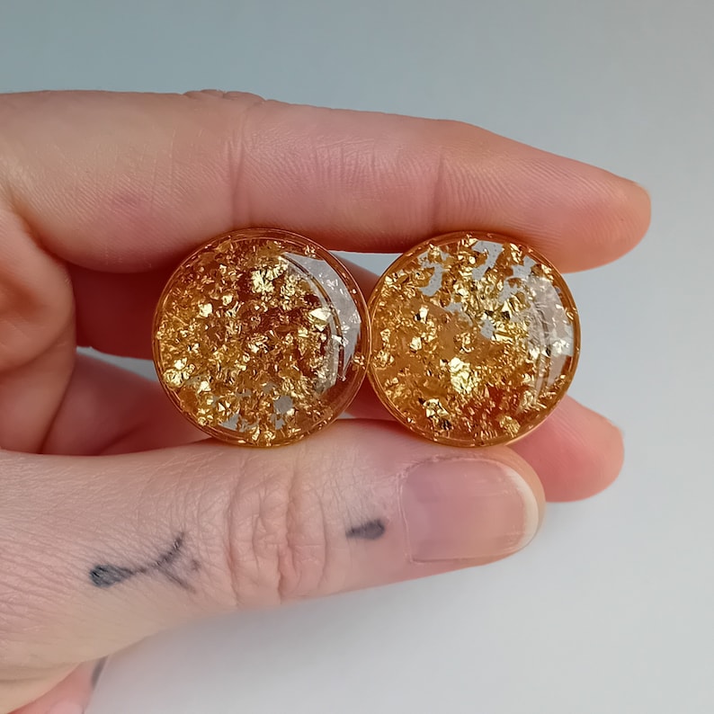 Gold Gauges, Plugs with Metallic Flakes, Golden Reflective Ear Tunnels 8mm 10mm 12mm 14mm 16mm 19mm 22mm 25mm (0g gauge - 1") READY MADE image 5