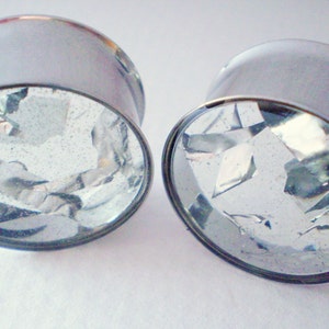 Plugs Gauges Broken Mirror Glass Silver Foil Metal Alternative Unusual Custom Unique Handmade Ear Tunnels image 2