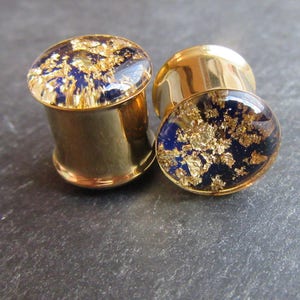 Ear Plugs MADE TO ORDER Gold and Dark Blue Lapis Lazuli inspired Gauge Tunnels 0g 00g 8mm 10mm 12mm 14mm 16mm 19mm 22mm 25mm 1&quot;