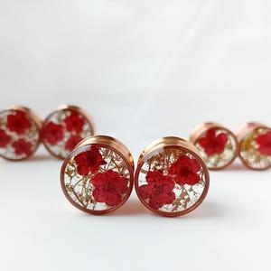 Puede incluir: Un juego de seis expansores de oreja de tono dorado con flores rojas prensadas encapsuladas en resina transparente. Los expansores son de varios tamaños.