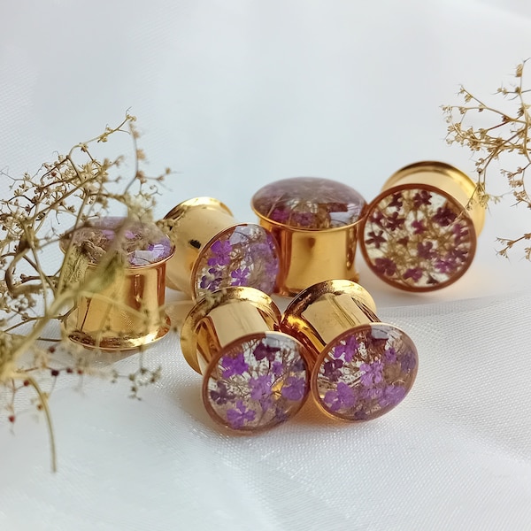 Gold Floral Plugs, Real Purple Flower & Sea Moss Ear Tunnels - 8mm 0g, 10mm 00 Gauge, 12mm  1/2"+ Handcrafted Resin Jewellery -READY TO SHIP